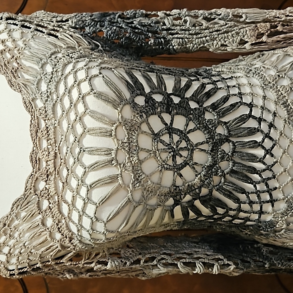Crochet Tunic Fringe Bell Sleeves 100% Cotton T Party Gray Cream Blue Taupe S/M - Picture 7 of 12